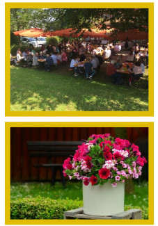Menschen sitzen bei einem Fest / Blumen