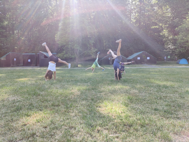 Jugendliche machen Handstand auf einer Wiese